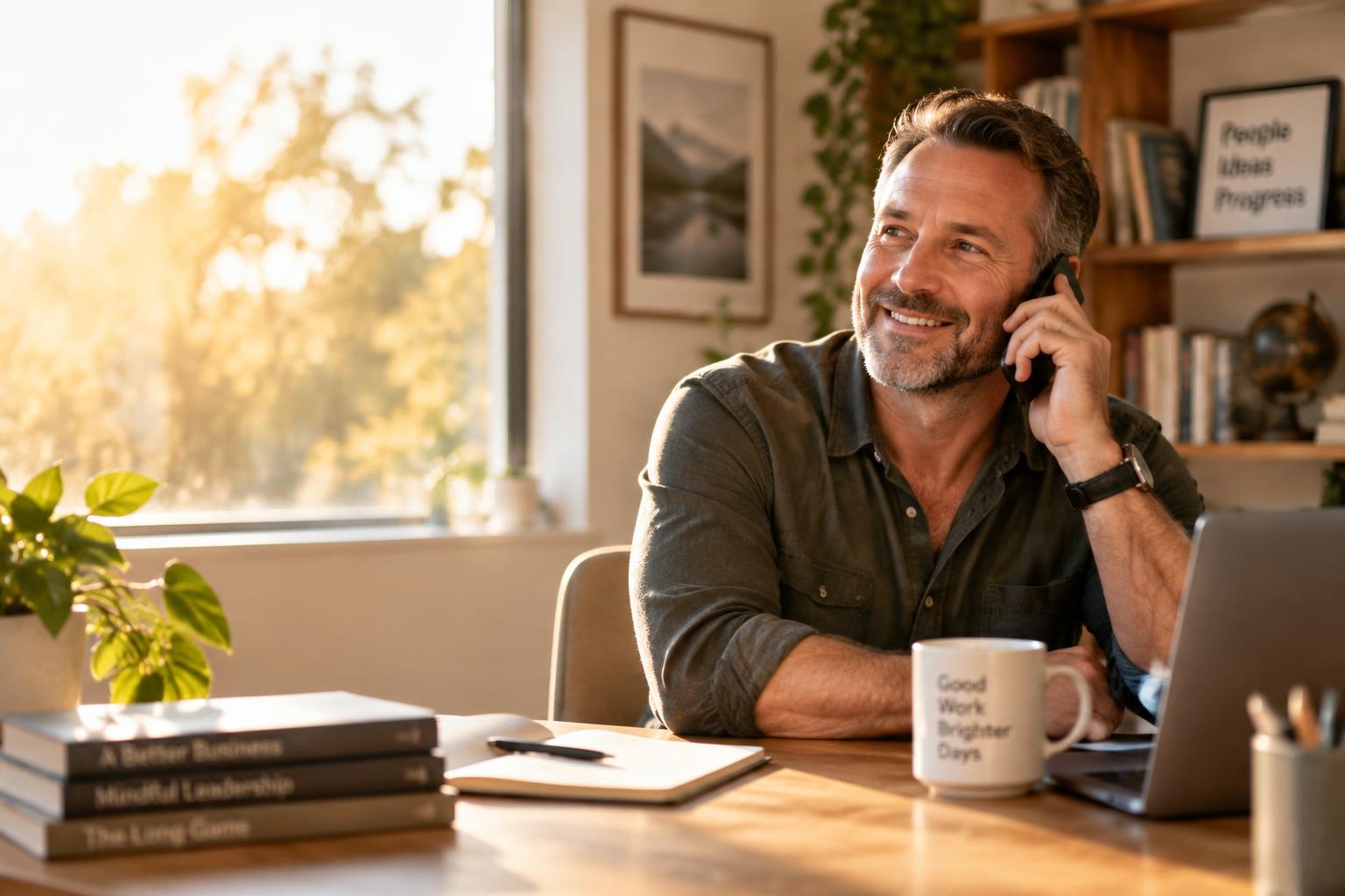 A business owner smiling during a relaxed coaching call by a sunlit window